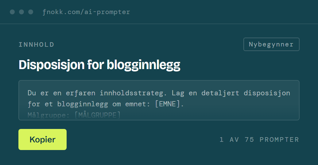 Promptkort med tittelen Disposisjon for blogginnlegg og en Kopier-knapp